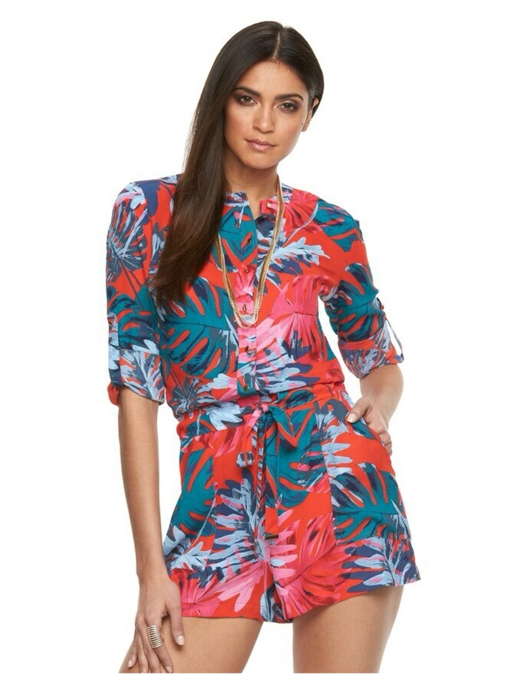 Jennifer Lopez Tropical Print Short Romper in Red, Teal & Pink